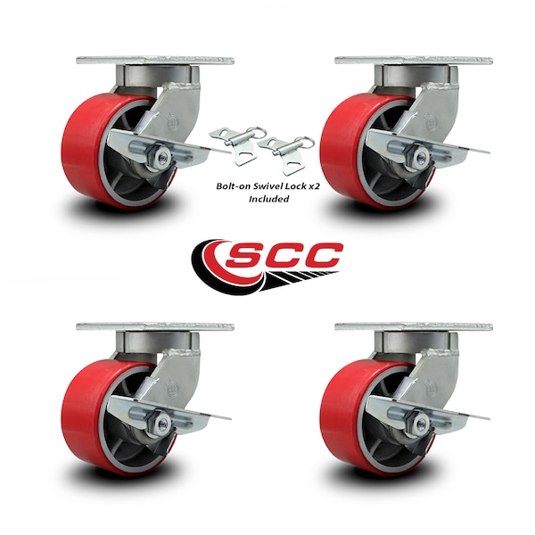 Service Caster 6 Inch Heavy Duty Red Poly on Cast Iron Caster Brakes 2 Swivel Locks, 4PK SCC-KP92S630-PUR-RS-SLB-BSL-2-SLB-2 - main
